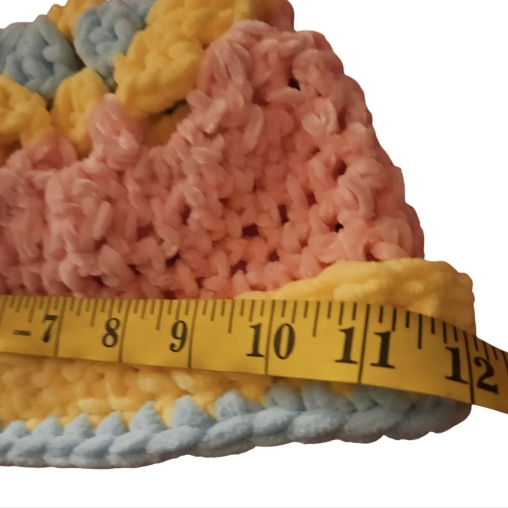Handmade Pastel Crochet Beanie Wrist Warmers Set Pink Yellow Blue Hand Knit - Picture 5 of 16